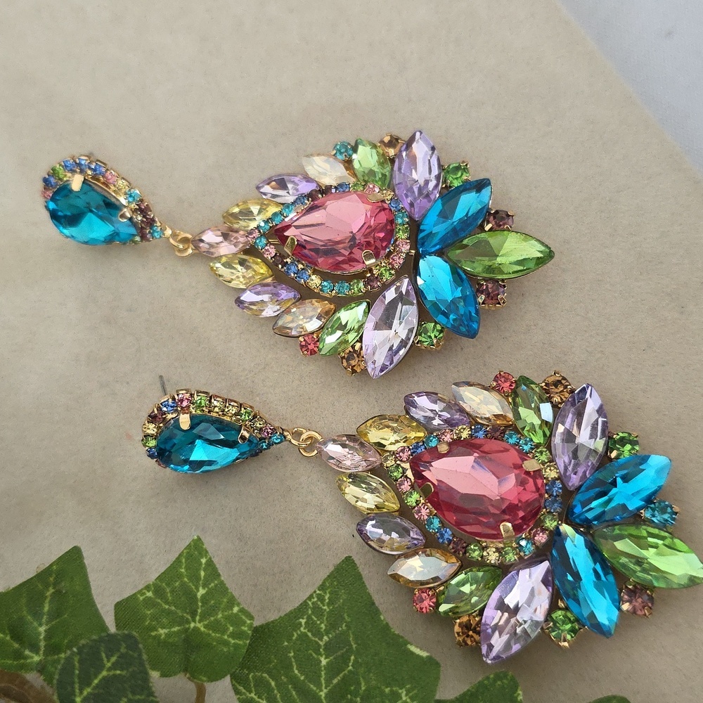 Statment Teardrop Drop Earrings Gold with Pastel Multi Color